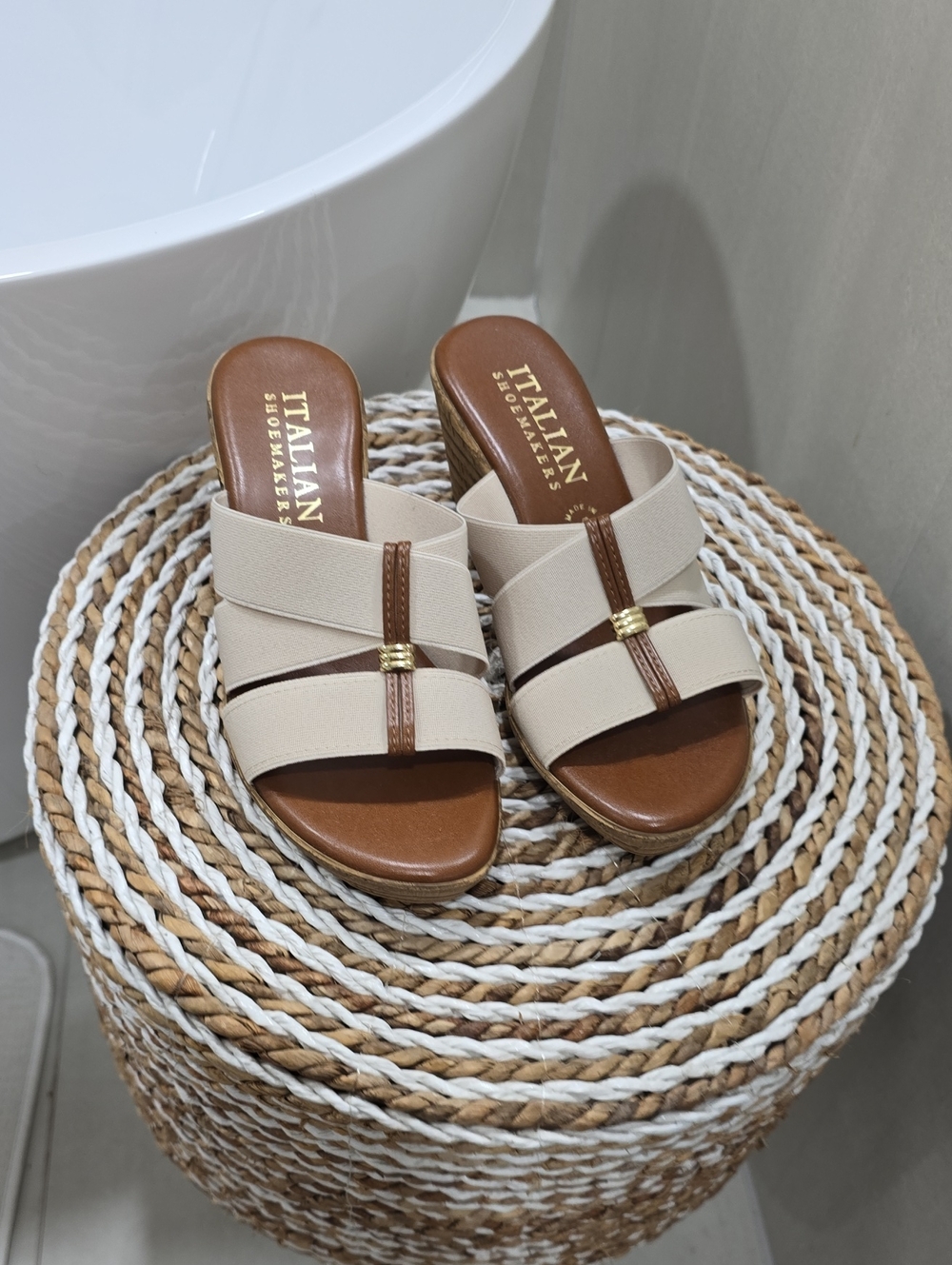Italian Shoemakers Cream and Brown Slip-On Slide Sandals